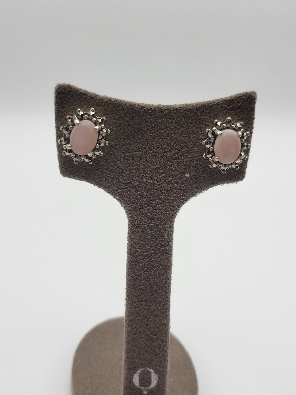 Pink mother of pearl and marcasite oval pierced stud earrings
